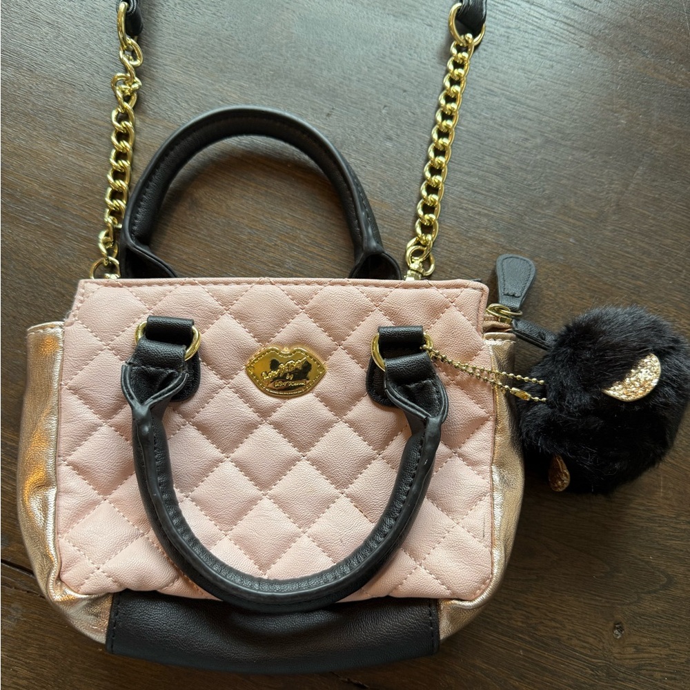 Luv Betsey Quilted Pink, Black, Rose Gold Handbag with Gold Chain and Accents.